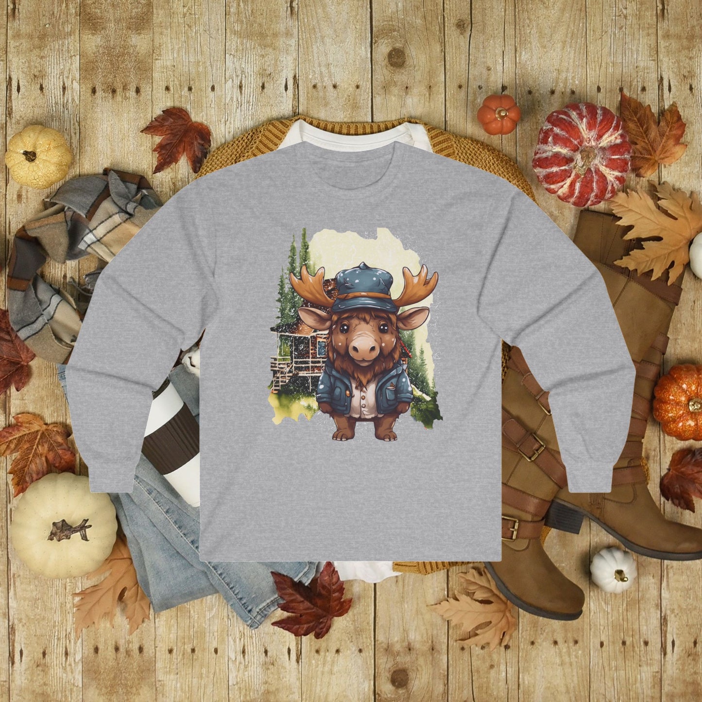 Adorable Moose in front of Cabin Unisex Ultra Cotton Long Sleeve Tee