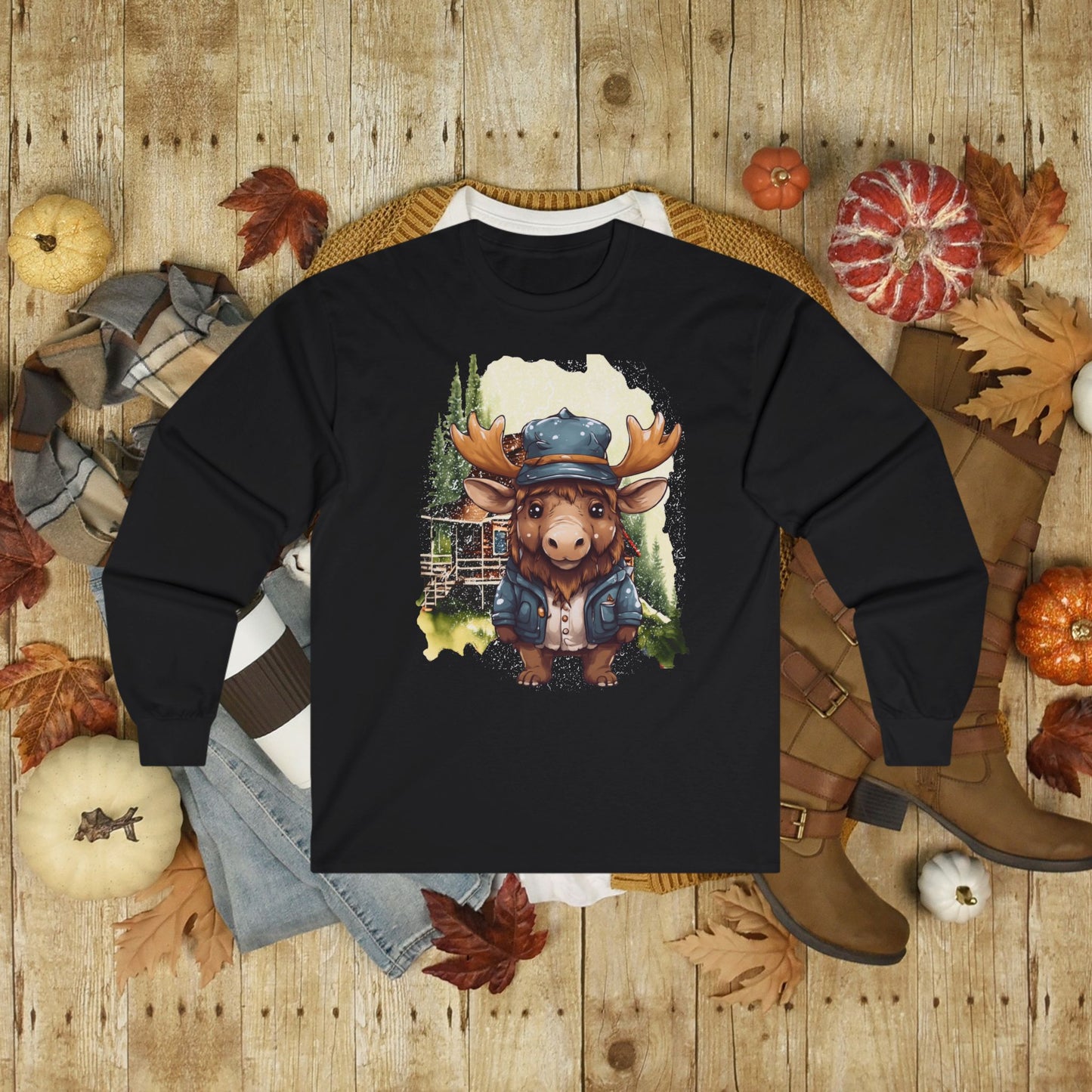 Adorable Moose in front of Cabin Unisex Ultra Cotton Long Sleeve Tee