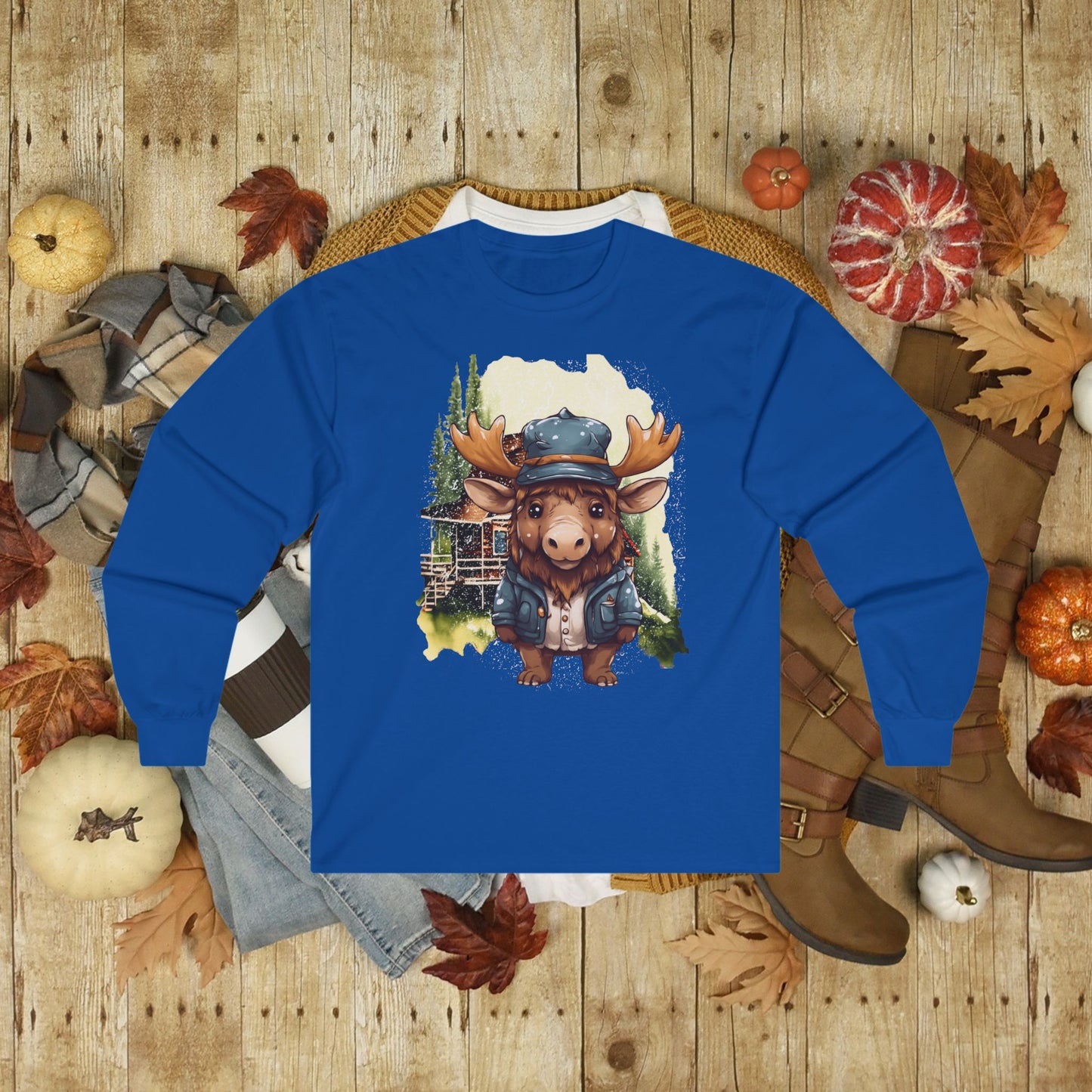 Adorable Moose in front of Cabin Unisex Ultra Cotton Long Sleeve Tee