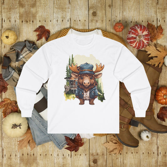 Adorable Moose in front of Cabin Unisex Ultra Cotton Long Sleeve Tee