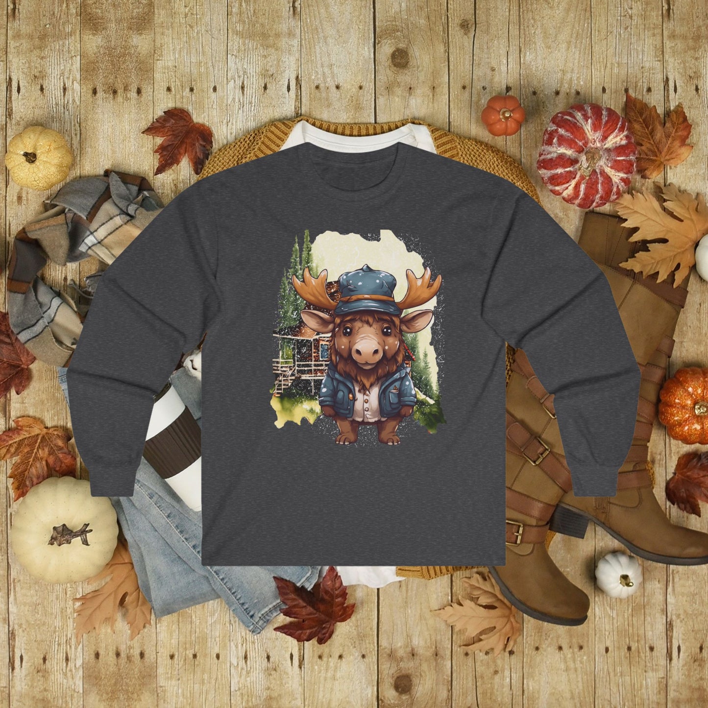 Adorable Moose in front of Cabin Unisex Ultra Cotton Long Sleeve Tee